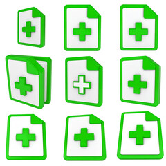 Obraz premium Nine 3D document icons with green plus symbols, hinting creation or addition. Varying perspectives