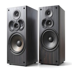 Fototapeta premium Two dark wooden tower speakers stand prominently against a white background, showcasing intricate details and high-quality construction.