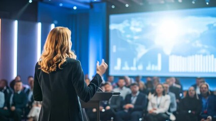 Speaker giving a talk at business meeting audience in the conference hall