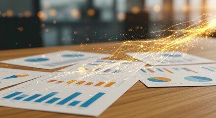 Data-driven insights illuminate business growth. Charts and graphs with dynamic visualization on a wooden desk, suggesting analysis.