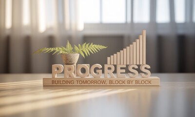 Wooden blocks spelling out "PROGRESS" with a small fern plant and upward trending graph