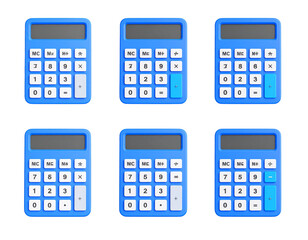 Array of six blue calculators showing numeric buttons, displays and functions. Arranged on black
