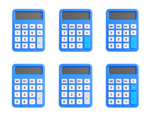 Array of six blue calculators showing numeric buttons, displays and functions. Arranged on black