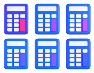 Set of six blue calculators with different pink or purple button colors, white screens, on black background