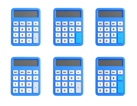 Array of six blue calculators showing numeric buttons, displays and functions. Arranged on black