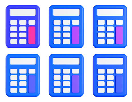 Set of six blue calculators with different pink or purple button colors, white screens, on black background