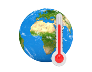 Earth globe next to thermometer, showing rising temperature/climate change on black backdrop