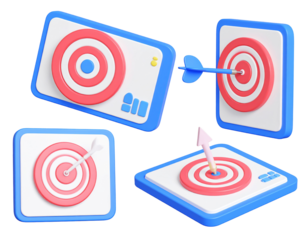 Four abstract 3D target boards. Darts hit the bullseye or near it, showing goals
