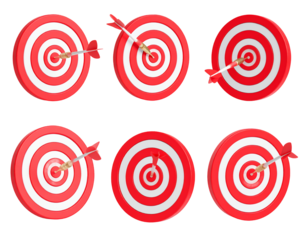 Six red and white bullseye targets, some with arrows hitting the center or sides
