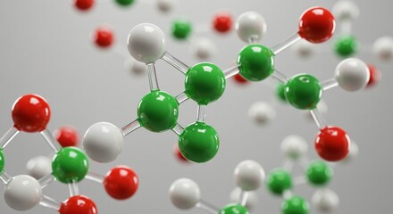 Obraz premium Molecular structure model featuring red, green, and white spheres interconnected by transparent rods. Abstract scientific illustration.