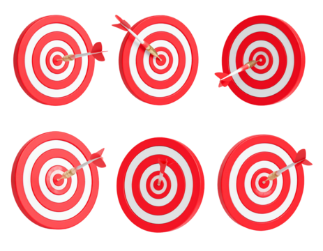 Six red and white bullseye targets, some with arrows hitting the center or sides