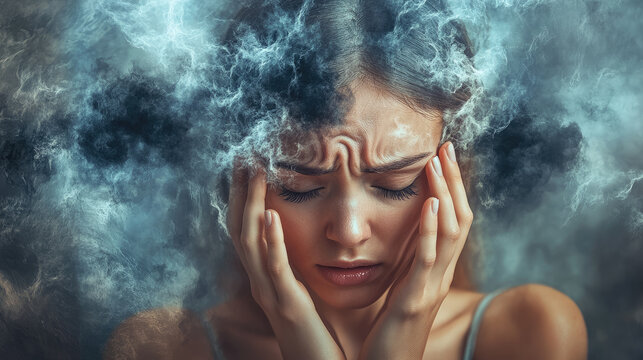 anxious upset woman holding head with hands, headache, depression, stress, depressive thoughts swirling around head, sad nervous girl, inflamed brain