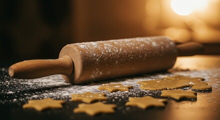 A wooden rolling pin covered with flour rests on a surface with star-shaped cookie dough cutouts for baking cookies.