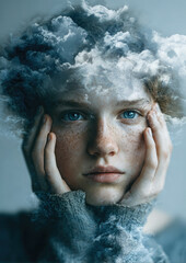 anxious upset woman holding head with hands, headache, depression, stress, depressive thoughts swirling around head, sad nervous girl, inflamed brain