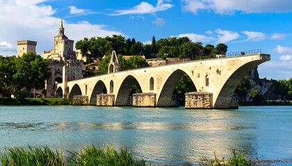 Obraz premium A picturesque stone bridge spans a serene river, showcasing ancient architecture nestled amongst lush greenery and a vibrant sky.