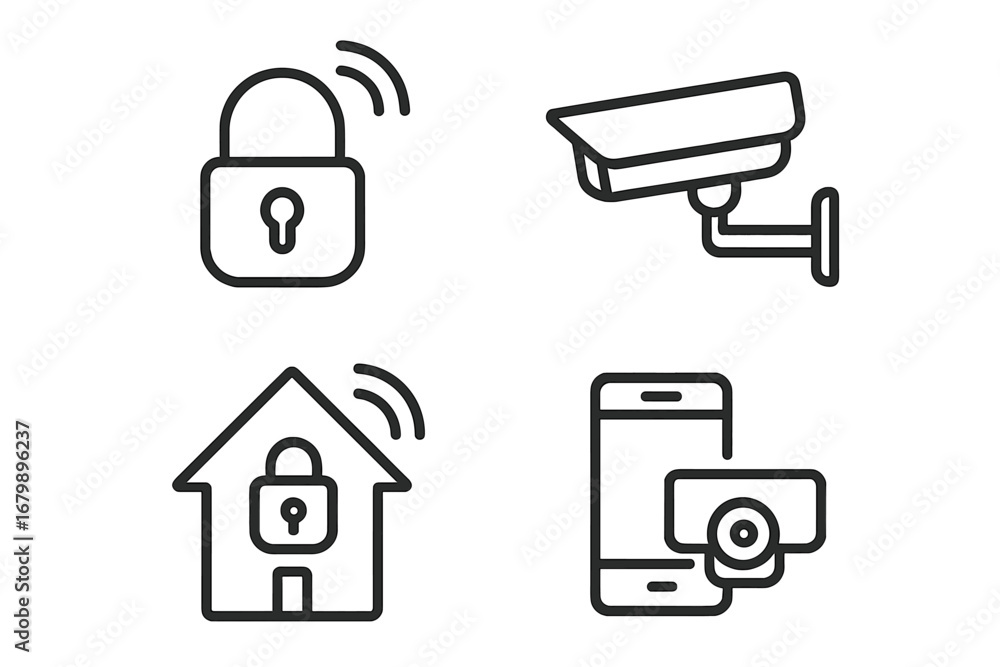 Poster smart home security system linear icon set. remote control and protection technology. wireless video