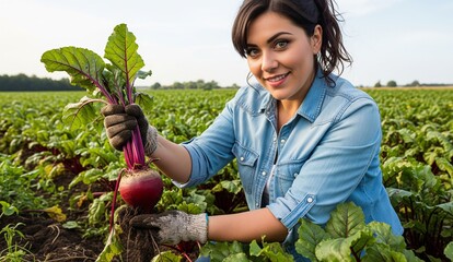 a woman farmer holding a freshly dug out beetroot from beetroot plantation