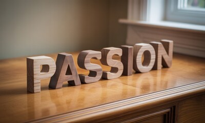 Wooden letters spelling "PASSION" on a light-colored wooden surface, soft light, blurred background