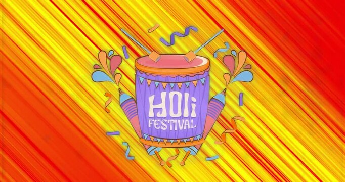 Diagonal stripes sweeping Holi drum fading, drumsticks bouncing, confetti bursting celebrating Holi