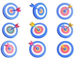 Arrows hitting bullseyes, success concepts, black backdrop, used for business goal illustrations