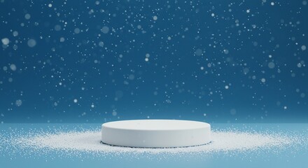 Elevate your product with this elegant winter-themed display. A simple white platform amidst falling snow creates a serene backdrop.