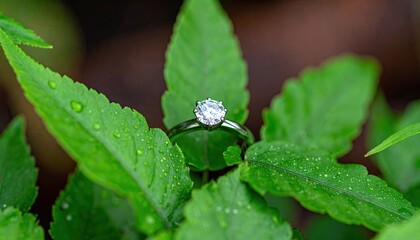 Obraz premium Diamond Ring on Green Leaves Macro Shot
