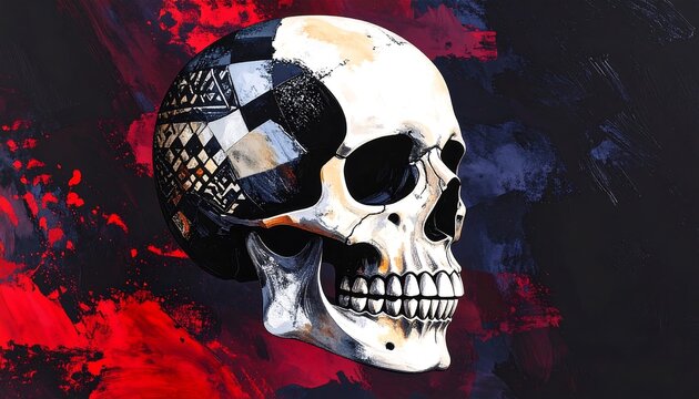 Intricate skull artwork with geometric patterns and vibrant background colors for unique display
