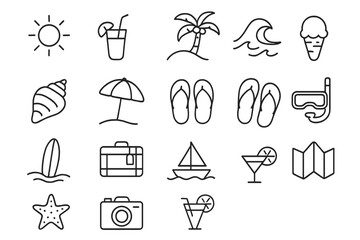 Summer beach vacation line icon set. Travel and holiday outline symbols. Sun, palm tree, wave, cocktail, luggage, camera, and map icons for web and mobile design elements.