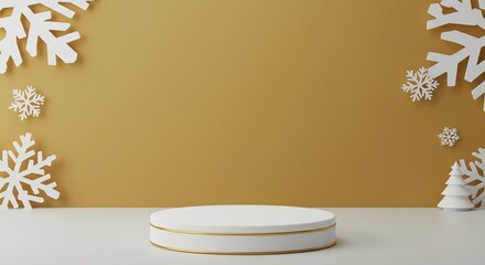 Festive presentation stage decorated with snowflakes and a small Christmas tree. Perfect for winter promotions.