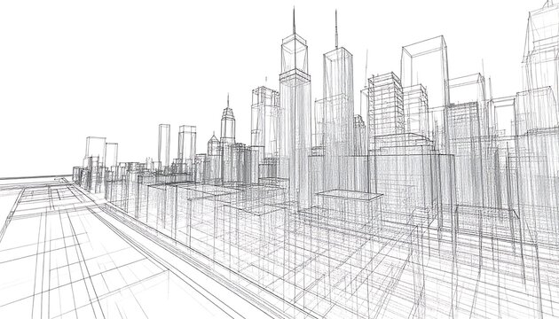 Architectural blueprint of a modern city skyline, showcasing the intricate framework of buildings.