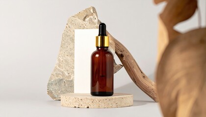Naklejka premium Amber Dropper Serum Bottle on Travertine Slab