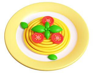 Cartoonish pasta on plate, tomatoes, basil. For social media, food blog, or restaurant menu background