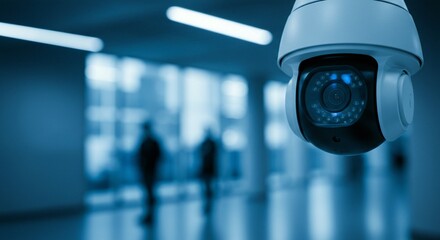Security camera monitoring an indoor location with two people walking in the background, blue toned aesthetic.