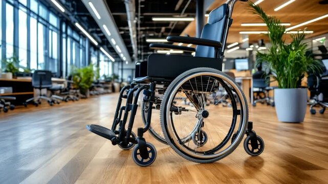 Modern office interior featuring a wheelchair on polished wood flooring in a spacious work environment