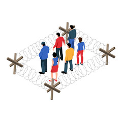 Isometric Illustration People Surrounded by Barbed Wire and Barriers