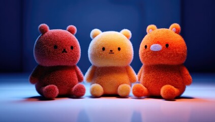 Three plush teddy bears in pastel colors, seated in a row against a softly lit backdrop
