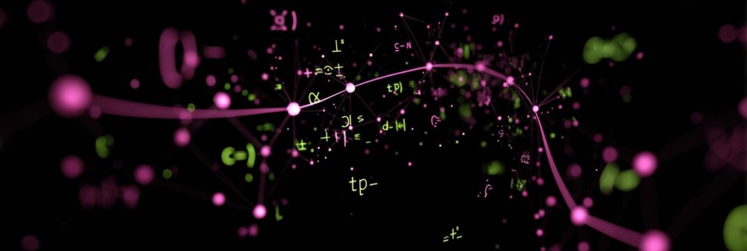 Mathematical Equations and Graphs Visualized in Vibrant Pink and Green Colors Against a Dark Background
