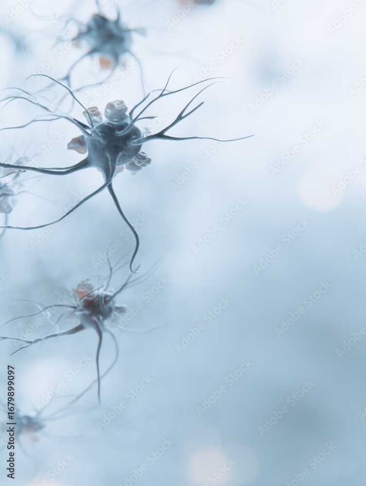 Poster study of neural cells showing intricate structures and connections in a laboratory setting during a 