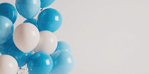 A cluster of vibrant blue and white balloons against a plain light gray background.