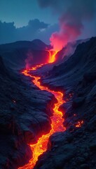 Fototapeta premium Lava flows from a volcanic vent in Hawaii, creating a dramatic landscape of fire and rock The molten rock glows intensely against the dark night sky , volcanic activity, creation