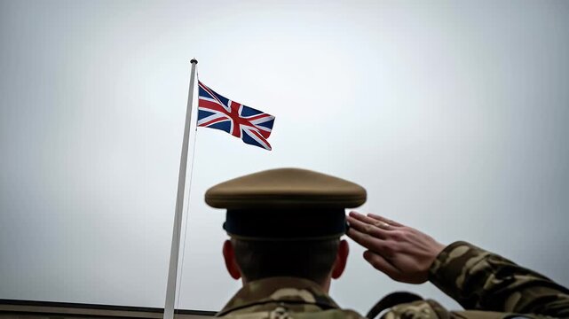 A British soldier in uniform saluting the national flag of the United Kingdom
