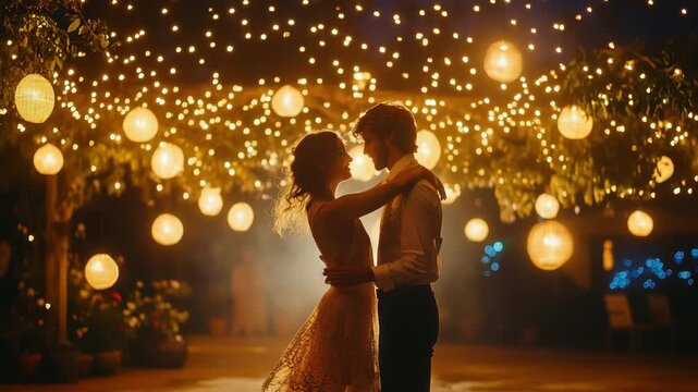 Couple dancing under glowing string lights in romantic outdoor setting during a summer evening celebration