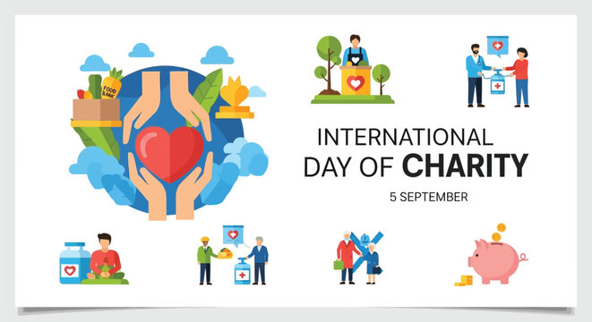 International day of charity vector graphic with various charitable acts illustrated clearly and simply