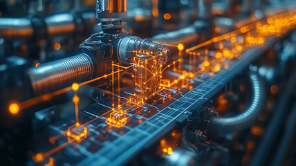 Fototapeta premium Intricate Machinery with Glowing Orange and Blue Components in a Technological Process