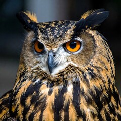 Fototapeta premium Close up of a majestic Eurasian Eagle Owl with striking orange eyes.