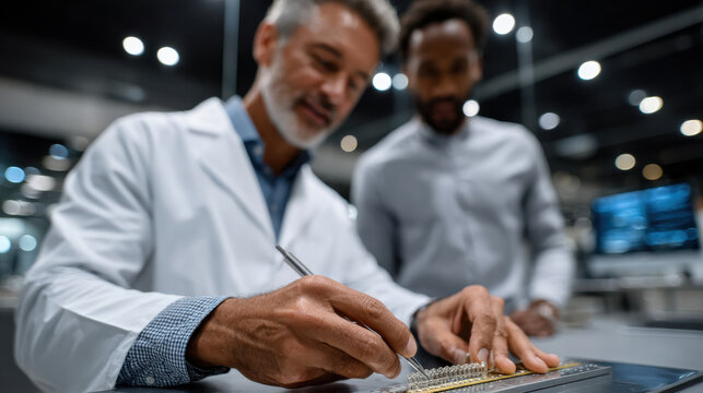 Two scientists analyze intricate data and samples in a modern laboratory, emphasizing teamwork and attention to detail in medical research advancements.