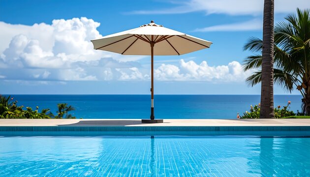 Tranquil poolside view overlooking the ocean with a white umbrella casting shade.
