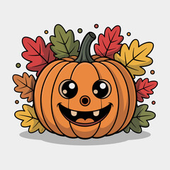 Cute cartoon pumpkin with big eyes and a happy smile surrounded by autumn leaves