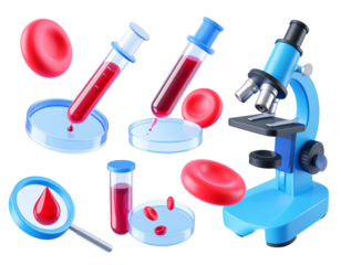 Blood being tested under microscope with cells. Useful in scientific or medical presentation
