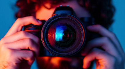 High-resolution lifestyle image of a photographer examining pictures on his camera, vibrant urban setting, teal and orange color grading, AI generated